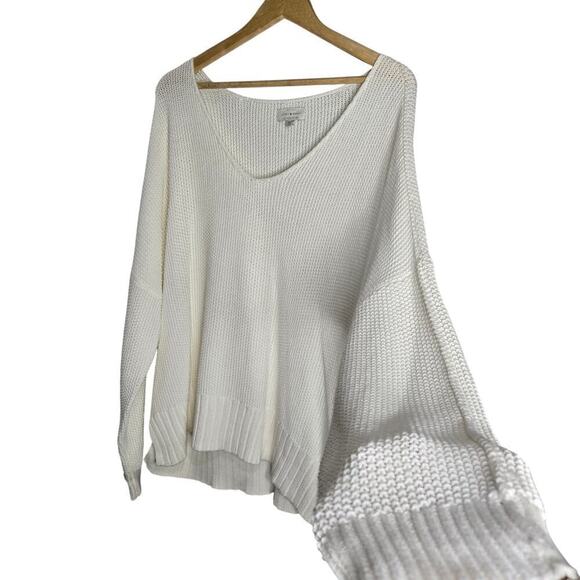 Lucky Brand Womens Ivory Open Knit Sweater XL V-Neck Minimalist Oversized Chunky - Picture 2 of 12